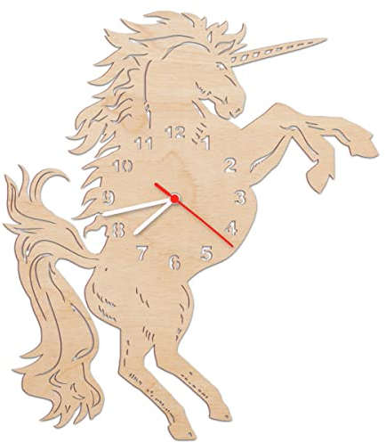 GRAVURZEILE Wanduhr aus Holz für Kinder - Einhorn Design - Farbenfrohe Kinderwanduhr mit Lautlosem Uhrwerk - für Mädchen & Jungen in versch. Farben - ca. 30 cm - Farbe Natur