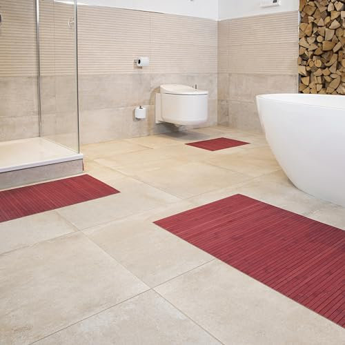 DE-COmmerce Bambus Badematte Lines im 3-er Set, Badteppich, Holzteppich, Bambusmatte, Badezimmer, rutschfest, Farbe: Aurora