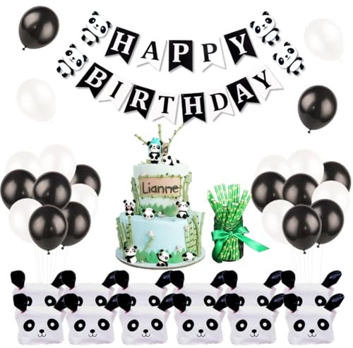 Panda Geburtstagsparty Dekoration mit Panda Kuchen Figur, Geschenk-Taschen für Panda Party