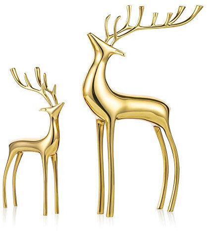 Sziqiqi Rentier Figur Statuen Deluxe 2er Set, Weihnachten Hirsch Reines Kupfer Schwere Rentier Ornamente für Home Decor Akzente Wohnzimmer Büro Buch Tischplatte Kaminsims Weihnachtsdekoration, Gold