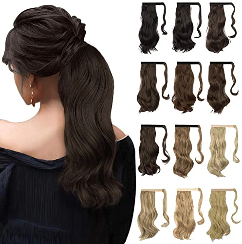 Sofeiyan Pferdeschwanz Haarteil Lockig Haarverlängerung Extension Pferdeschwanzverlängerung Synthetisches Natürliches Gewelltes Haarteil Wrap Around Pony Tail Hair Extensions 38cm-Mittelbraun