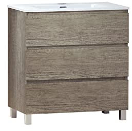 BAIKAL Conjunto de Mueble de Baño LESI. Compuesto por Mueble con Patas y Lavabo Cerámico. Tres Cajones. Melamina 16mm. Mueble MONTADO. Fondo 46cm 70 cm Nebraska