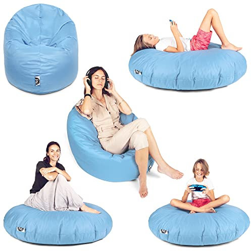 PATCH HOME Patchhome Sitzsack 2 in 1 Sitzkissen Bodenkissen für Erwachsene & Kinder - Gaming mit Füllung Kissen Sessel BeanBag (Ø 145cm, Hellblau)