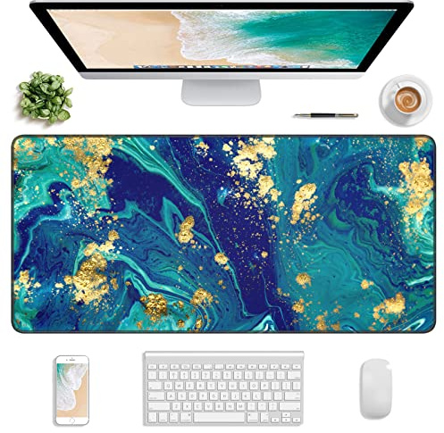 Atufsuat Erweitertes Gaming-Mauspad, XXL Großes Schreibtisch-Pad 30 x 14 Zoll, Wasserdichtes Mauspad mit genähten Kanten und rutschfestem Boden für Büro Gaming, Goldgrüner Marmor