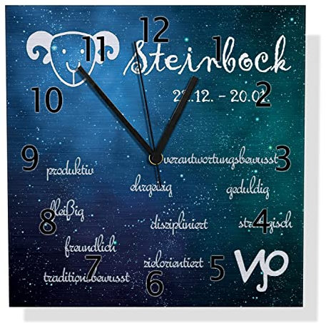 Wallario Design Wanduhr Sternzeichen Steinbock aus Aluverbund, Alu-Uhr Größe 30 x 30 cm, Schwarze Zeiger mit Metalloptik