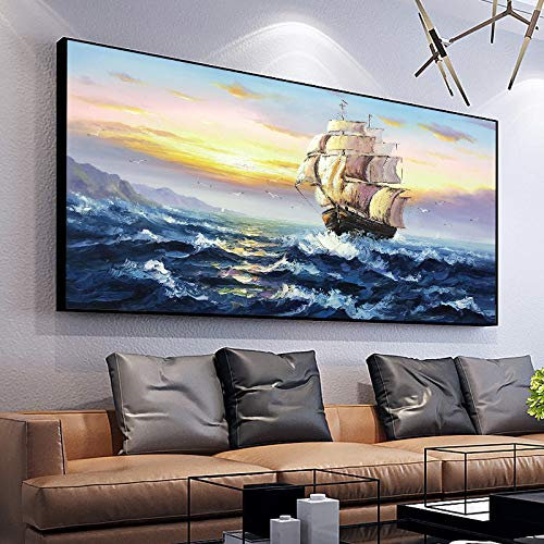 Handgemaltes Ölgemälde - 3D-Messer Dicke Textur Moderne Abstrakte / Horizontale Landschaftsversion Des Maritimen Luxus-Segelboot-Wandgemäldes Glattes Segeln Dekorative Malerei Bürostudienfirma,