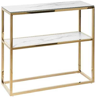 Beliani Consolle in vetro temperato bianco oro 80 x 30 cm mensola in acciaio inox