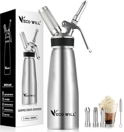 ECO-WILL Stainless Steel Whipped Cream Dispenser, Cream Whipper with 3 Various Stainless Culinary Decorating Tips & Cleaning Brush, 1-Pint / 500 mL,Homemade Cream Maker-N2O Chargers (Not Included)