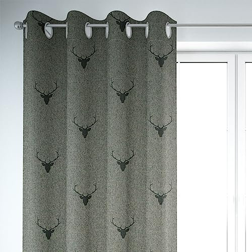 SCHÖNER LEBEN. Vorhang Jacquard Hirschkopf mit Geweih grün dunkelgrün, Gardinen Aufhängung:Ösen