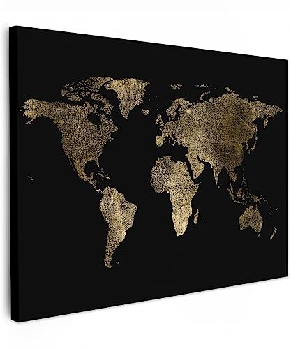MuchoWow© Impression sur Toile Decoration Murale Peinture 70x50 cm Tableaux Decoratifs Muraux Déco Chambre Tableau Salon Carte du monde - Or - Noir - Terre - Luxe