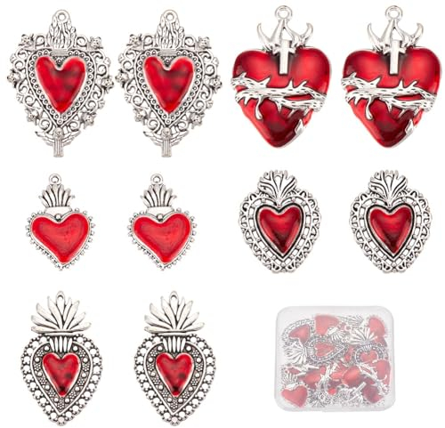 SUNNYCLUE 1 Box Mit 20 Stück Herz Anhänger Im Gothic Stil Heiliges Herz Große Menge Antikes Silber Rotes Herz Disteln Dornen Ausgefallener Emaille Anhänger Für Die Schmuckherstellung Anhänger Valentin
