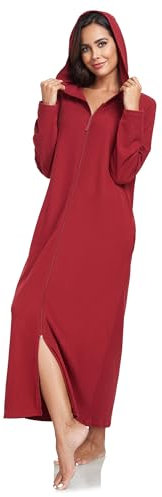 COLORFULLEAF Damen Reißverschluss Bademantel Langarm Kapuze Fleece Bademantel Weich Warm Hausmantel Loungewear mit Taschen(Weinrot,M)