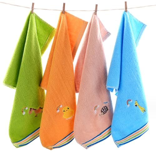 Toallas de mano y de baño para niños, bordadas con dibujos animados, absorbentes de agua, toalla facial de algodón (4 piezas, 10x20 pulg)