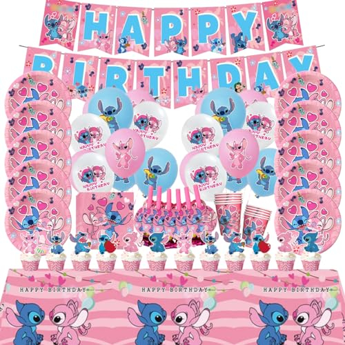 Kit Compleanno Bambina, Stoviglie per Feste di Compleanno, 90 Pezzi Forniture di Addobbi Feste Rosa con Palloncini, Piatti, Bicchieri Carta, Tovaglioli, Tovaglia, Striscione, Decorazione per Torta
