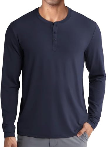 COOFANDY Mens T Shirts Long Sleeve Henley Tshirt Grandad Collar Shirts Button Thermal T-Shirts Smart Shirts Full Sleeve Navy Blue XL