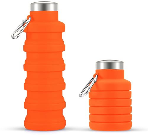 Botella de Agua Plegable Silicona 550ml - Cantimplora Reutilizable Sin BPA - Perfecta para Camping, Senderismo, Gimnasio, Colegio, Viajes y Actividades Deportivas (Naranja)