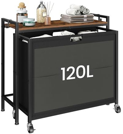 CHOEZON Wäschekorb, Wäschesammler mit Ablage, Wäschewagen, Wäschebox, Wäschesortierer mit 3 * 40 L Oxford-Fächer und 3 Seitentaschen, für Waschküche, Badezimmer, Rustikales Braun und Schwarz DTXY01BF