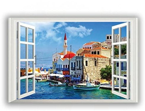 Quadri della finestra falsa-Murale con vista sul mare Città Città Scenario al mare-naturali Stampa su tela Finestra aperta Arte da parete su tela Decorazione Della Parete 70x105 cm Incorniciato