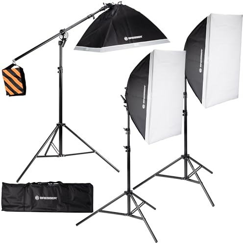Bresser Kit Lumière du Jour LED pour Studio Photo avec 3 Softboxes 60x80 cm, 15 Ampoules LED, Trépieds, Perche, Sac, 5500K, IRC >85