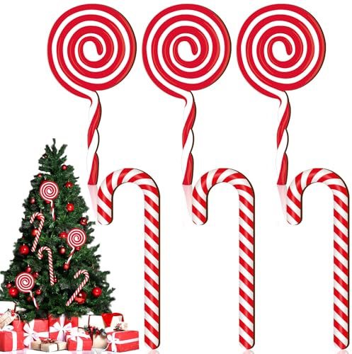 RoundFunny 6pcs Christmas Candy Canes 12 Inch Christmas Tree Hanging Ornaments Wood Large Candy Cane Lollipop Christmas Tree Decorations Rustic Christmas Decor Peppermint Xmas Decor