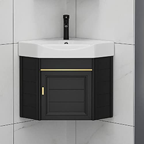 Mueble de baño esquinero pequeño montado en la pared y fregadero con almacenamiento, combo de lavabo de cerámica para la cocina del hogar, patio o lavandería, drenaje de grifo caliente y frío incluido