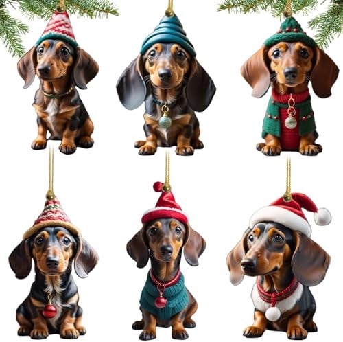 Dackel Weihnachtsbaumschmuck, 6 Stück Weihnachtsanhänger, 2D Dachshund Tannenbaumschmuck, Acryl Weihnachtsbaum Anhänger, Weihnachtsbaum Hängende Ornament, Weihnachtsdeko Auto Ornament Geschenke
