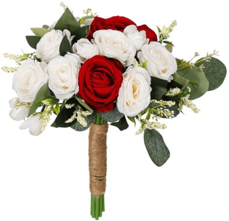 Bouquet da sposa con rose bianche, rosse e blu, bouquet di fiori artificiali per matrimonio, bouquet da damigella d'onore con corda di iuta, decorazione per la casa per San Valentino, anniversario