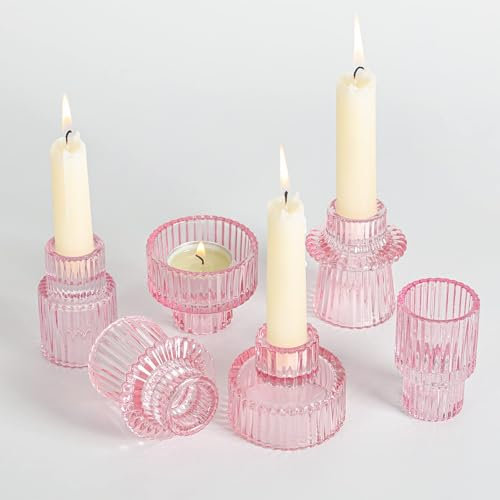 Cnwinu 6er Set Glas Kerzenhalter,2-in-1 Teelichthalter Transparent,Kerzenständer für Stabkerzen,Klein kerzenhalter stabkerze für Hochzeit Tischdeko,Esstisch Party,Weihnachten Advent (Rosa)