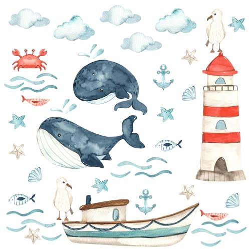 Muralo Sticker Set für Mädchen und Jungen - Aquarell Aufkleber Wandsticker Tattoo für Kinderzimmer - Maritime Elemente Motiv - Br.60cm x Hö.30cm