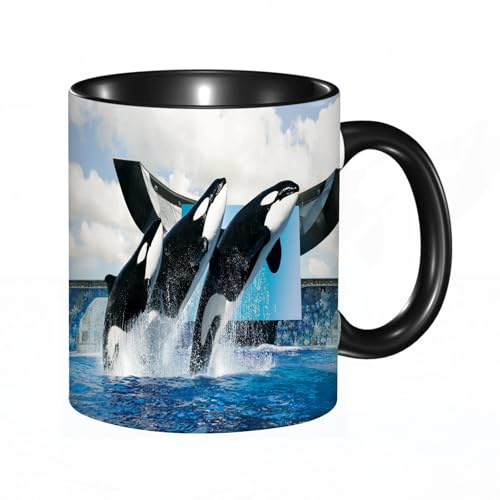 EKLMPS Becher aus Keramik, Ideal als Geschenk, Hochwertiger Aufdruck, Tasse mit Motiv, Tee Becher, Coffee Cup, 330ml,Wale, Meerestiere, Orcinus, Orca, Meerespark, Sprung, Wasser
