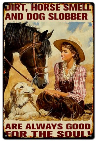SUPERDANT Cowgirl Blechschild Vintage Metallblechschilder Cowgirl Mit Pferd Und Hund Metallblechschild Wandposter Schild Retro Wandkunst Vintage Metallplakette Für Bar Männerhöhle Wandkunst Dekor