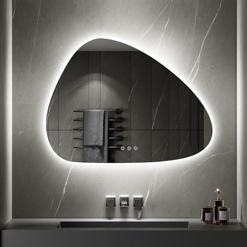 SANIVERRE GALEO Miroir Organique LED Lumineux 60 x 80 cm Tactile Anti-buée + intensité & Couleurs réglables + mémoire - Miroir Galet asymétrique