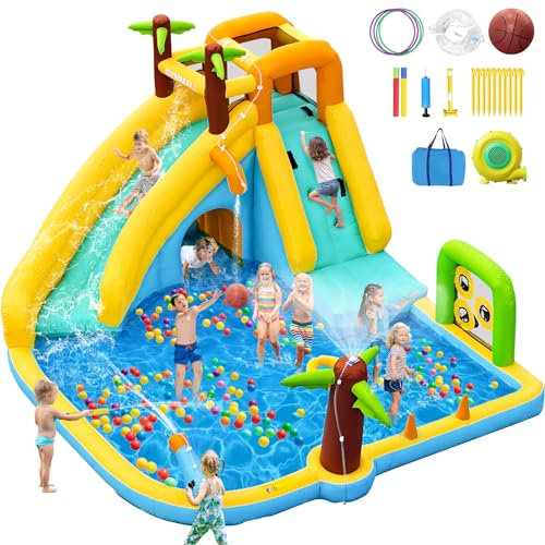 GYMMALL Tobogán Inflable de Agua con Ventilador 450W - Castillo Hinchable 10-en-1 para Niños en Interior y Exterior con Piscina, Aspersores y Tobogán Largo