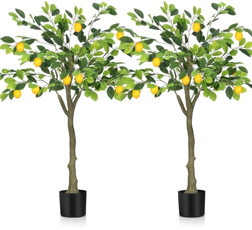 Jexine Paquete de 2 limoneros artificiales altos, plantas falsas premacetas, árbol de limón sintético, frutas realistas para decoración del hogar, oficina, sala de estar (3 pies)