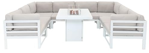 Modulares Gartenmöbel Set Groß Weiß 8-Sitzer U-Form Kissen-Sofa & Tisch mit Gas-Feuerstelle 9-teiliges Aluminium Lounge Sitz- und Essbereich Outdoor Patio Eckset mit wasserdichter Regenabdeckung