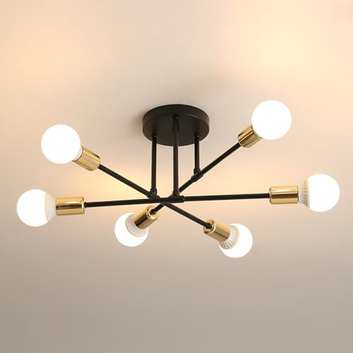 Comely Deckenlampe Design Molekularlampe 6 Flammig E27 Schwarz Gold Metall Retro Stil Deckenleuchte für Wohnzimmer Esszimmer Schlafzimmer Loft Innenbeleuchtung Industrial Look