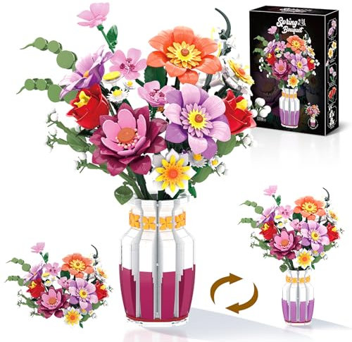 Flower Bouquet Building Set for Adult - 1278PCS Artificial Flowers Botanical Collection with Dual-Color Vase, Roses, Sunflower, Daisy, Gift for Women,Teens Home & Office Decor Christmas Valentines
