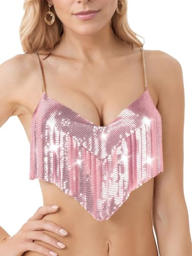 Ausing Reggiseno da donna con paillette, con frange, per festival, senza schiena, reggiseno Sparkly Halfer Crop Tops per Carnevale Rave Party, oro rosa, Taglia unica