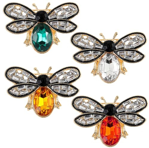 Lot de 4 broches en forme d'abeille avec strass pour femme - Style vintage sur le thème des insectes - Accessoires élégants pour femme et homme - Pour fête, rendez-vous au quotidien (blanc, jaune