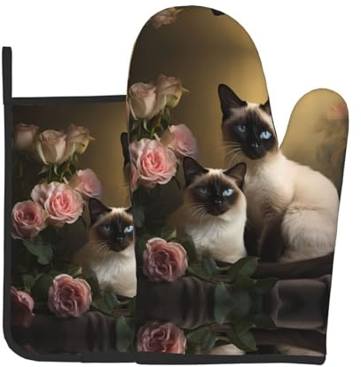 2-teiliges hitzebeständiges Backset mit siamesischer Katze, Ofenhandschuh und Untersetzer, unverzichtbar für Küche Kochen und Grillen im Freien