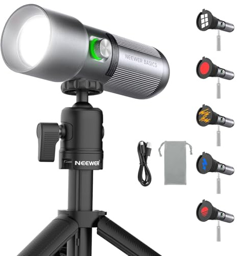 NEEWER Basics FL10 Torche Photographie RGB avec Trépied Bureau 4 Couleurs | 20 Filtres Gobo, 7500mAh, 10W, 6300K, CRI95+, Spot LED Portable Lumière d'Ambiance Coucher de Soleil, Éclairage Studio Vidéo