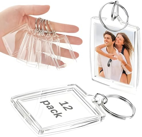 FrostyFlair Acryl Foto Schlüsselanhänger, 12 Stück Klarer Schlüsselanhänger für 4.6x3.2cm Fotos, DIY Personalisierter Fotoanhänger mit Ring