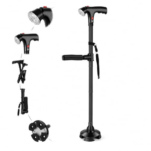 Folding Walking Cane with LED Light, Adjustable Collapsible Standing Canes with SOS Alarm, Pivoting Non Slip Quad Base, Heavy Duty Walking Sticks for Seniors Adults