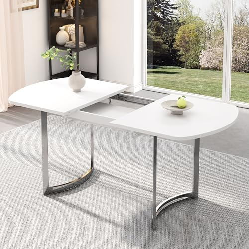 Table à manger extensible 140/180 x 80 cm – Table à manger moderne avec pieds en métal argenté, longueur extensible de 140 cm à 180 cm, pour 4 à 6 personnes, table blanche avec pieds argentés, Legi