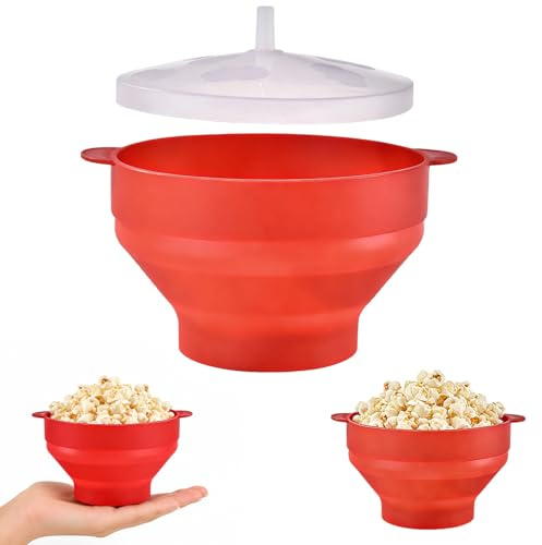 Recipiente para palomitas de maíz plegable de silicona con tapa, tazón para palomitas, sin BPA, sin aceite, para microondas, hogar, cocina, fiesta (Rojo)