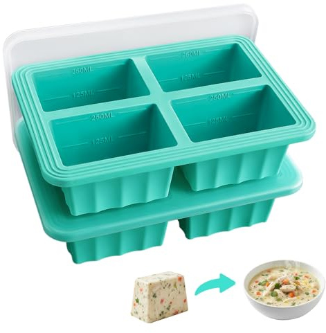 2 Pack Silicone Freezer Tray with Lid, 4 Compartment Soup Containers