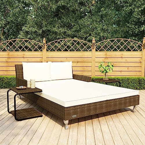 Plumbpyr Tumbona para 2 personas de polirratán marrón con cojines, 200 x 132 cm, cama de jardín con mesas auxiliares, cama de exterior para terraza, piscina y balcón, isla de relax para tomar el sol y