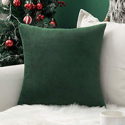 MIULEE Velvet Soft Soild Microfiber Decorative Square Pillow Case Throw Cushion Cover for Sofa Bedroom with Invisible Zipper 16x16 Inch 40x40cm Dark Green 1 Piece