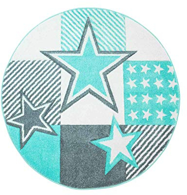 Kinderteppich Kinderzimmer 160x160 cm Rund Mint Türkis Sterne Motiv Flachflor Spielteppich