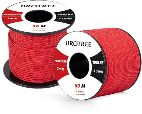 Brotree 2mm Paracord 3 Hebras 30M 100% Nylon Cuerda de Paracaídas para Al Aire Libre, Artesanía, Bricolaje - 90kg Carga de Rotura (Reflectante Rojo)